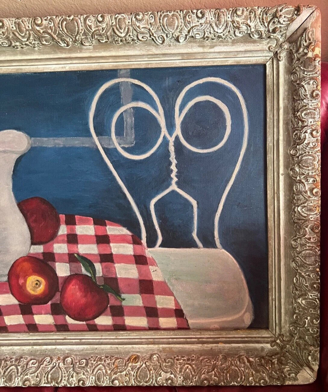 1953 Surrealist Oil Painting on Board Mid Century Modern Abstract Valentines Day – detail view 2