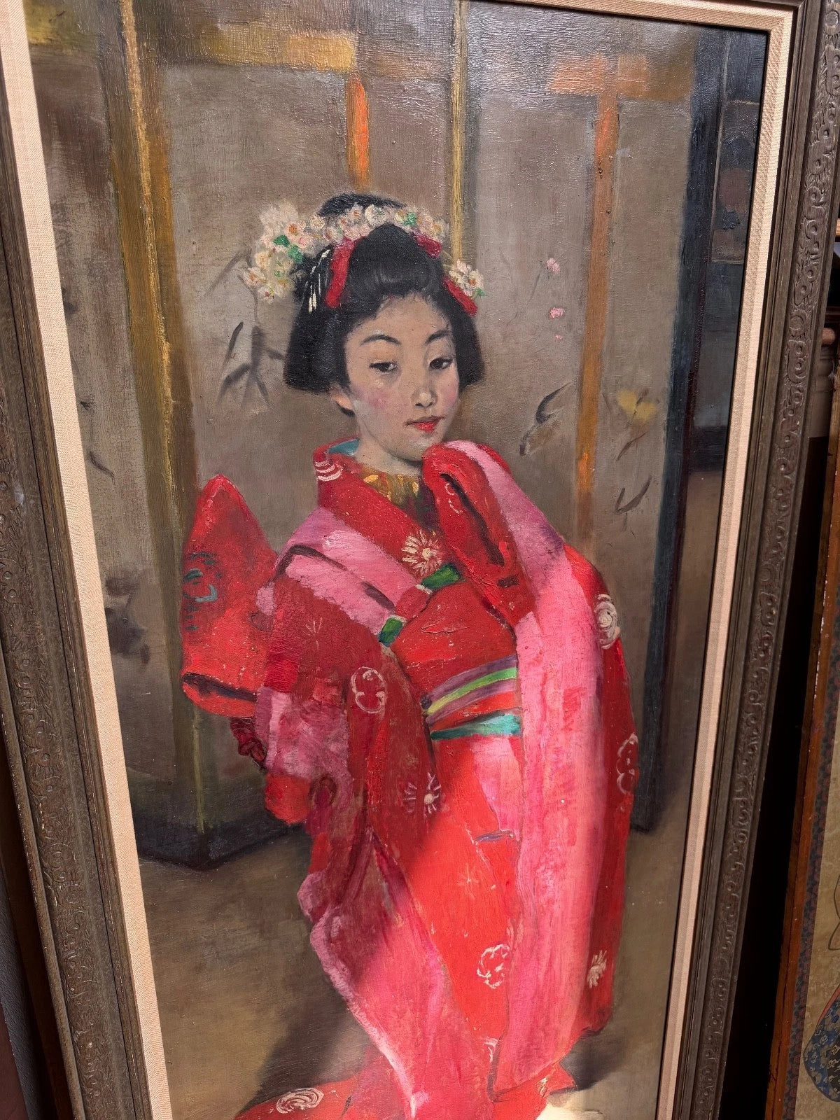 1899 Japanese Woman Antique Oil Painting By Percy Sturdee Japonism 19th Century – detail view 2