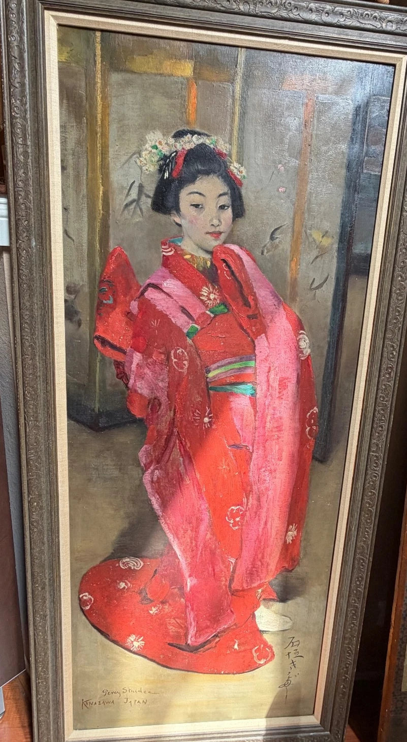 1899 Japanese Woman Antique Oil Painting By Percy Sturdee Japonism 19th Century – detail view 3