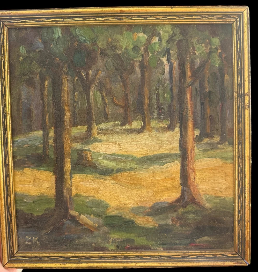 Early 20th Century European trees impressionist painting Antique signed – detail view 2
