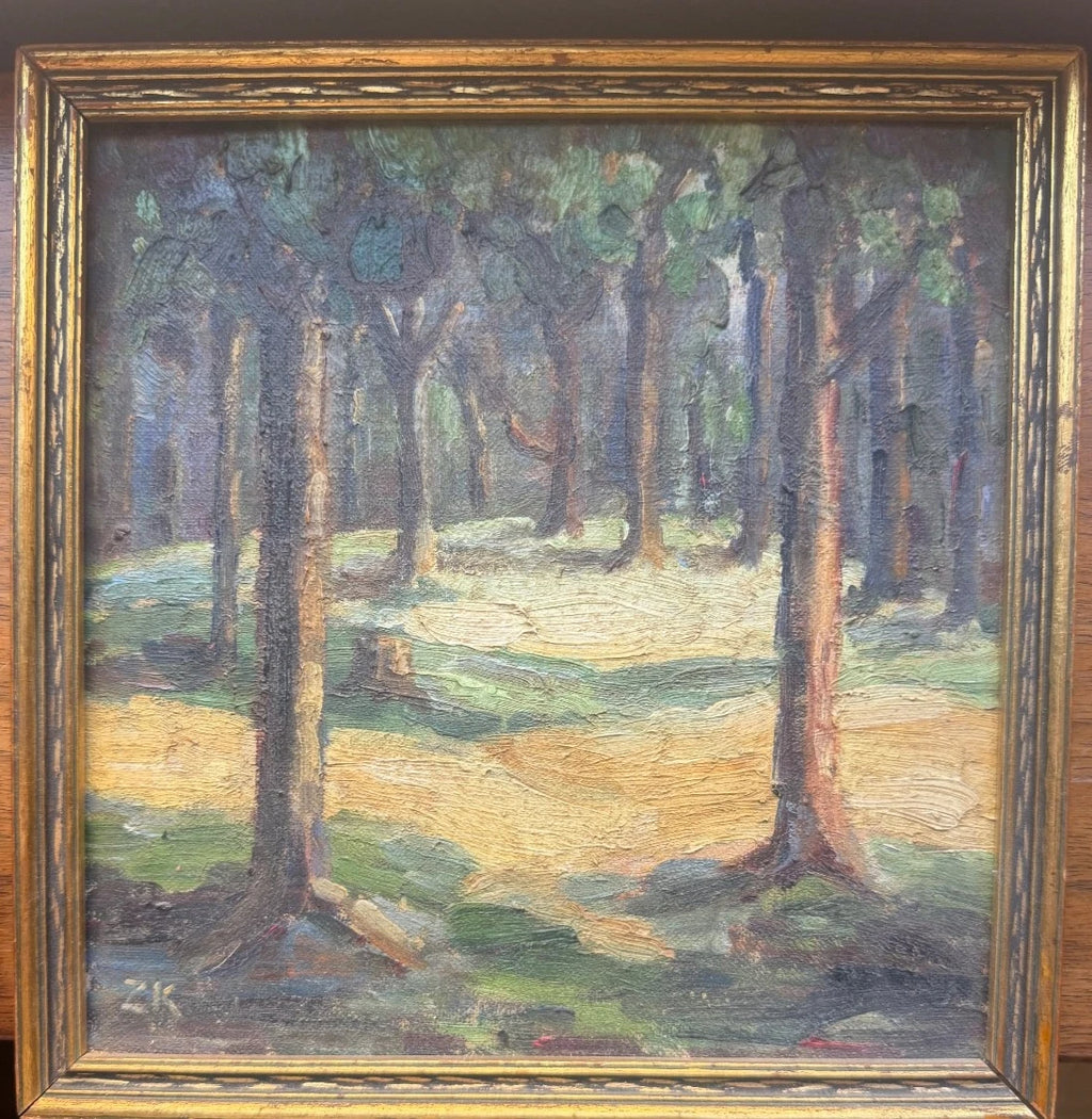 Early 20th Century European trees impressionist painting Antique signed – detail view 3