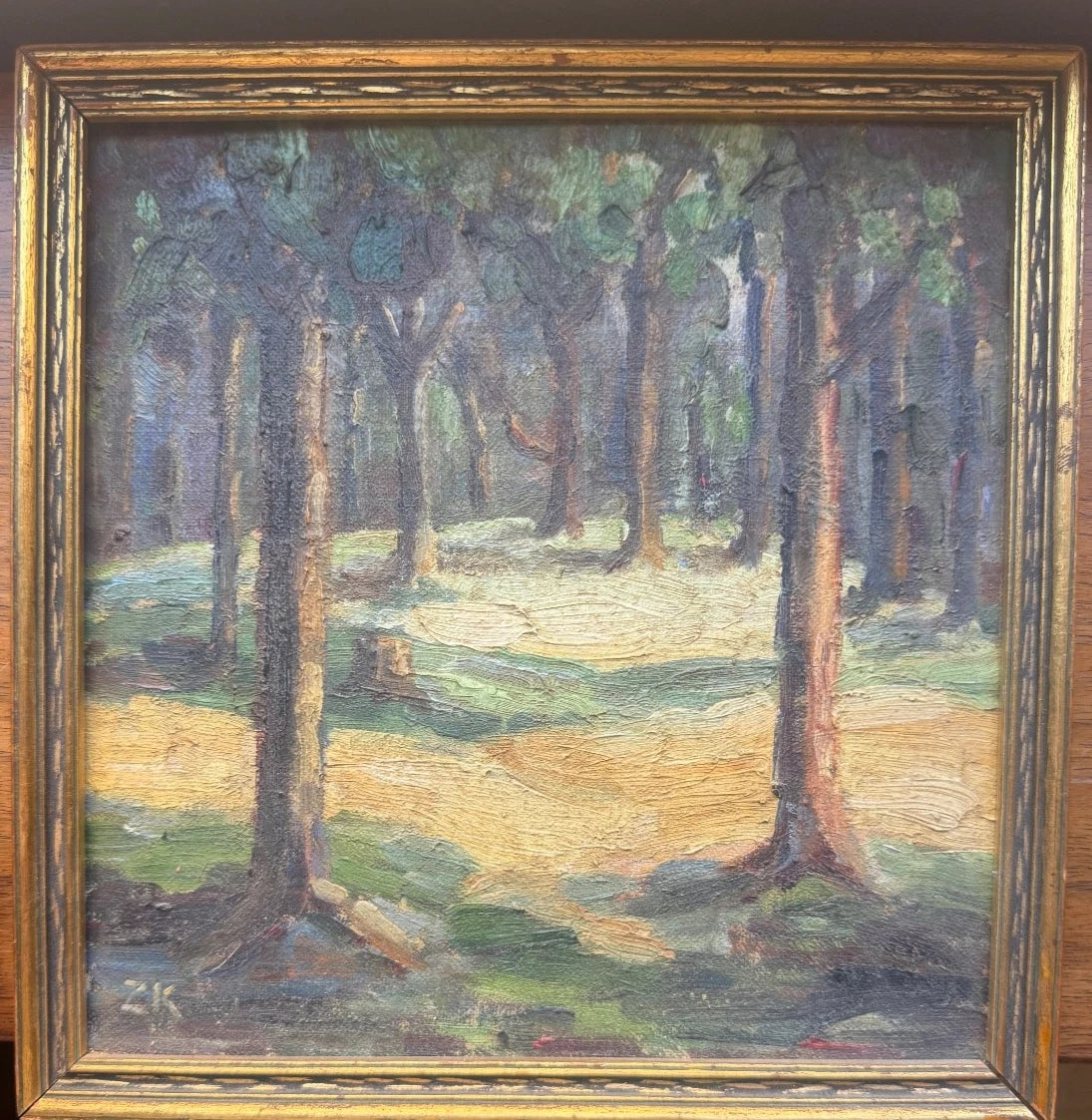 Early 20th Century European trees impressionist painting Antique signed – detail view 3