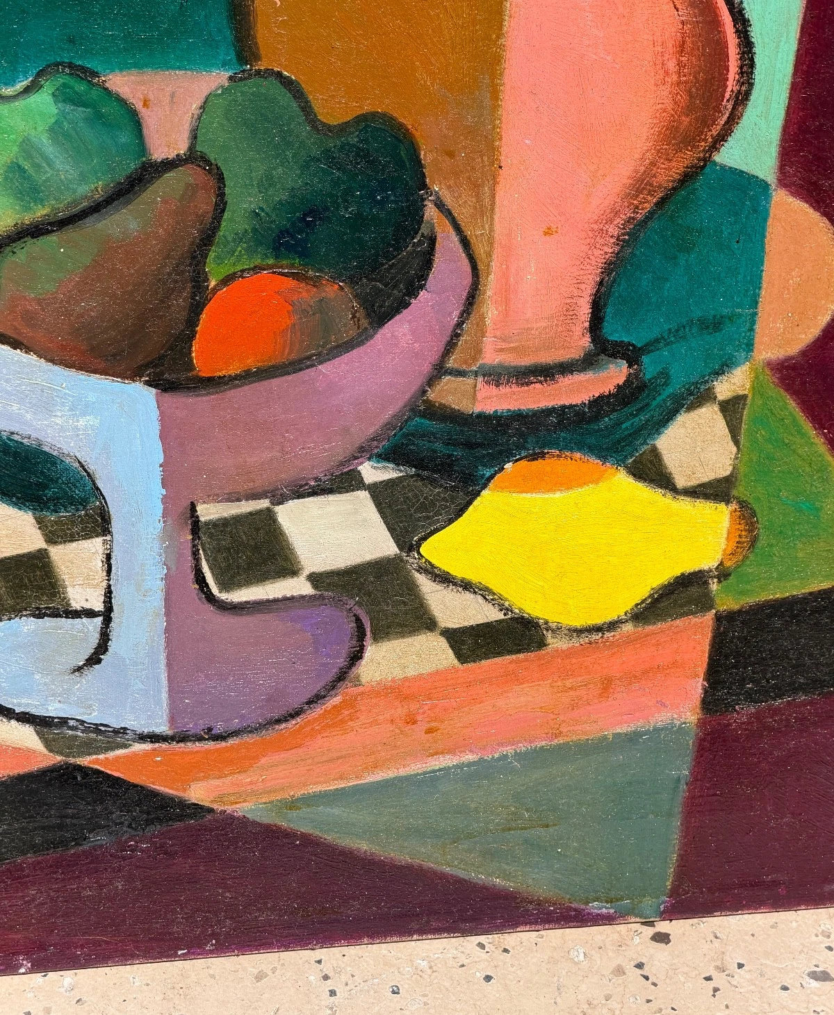 OIL PAINTING CUBIST CUBISM 1960'S MODERNISM COLORFUL ABSTRACT STILL LIFE CANVAS – detail view 2