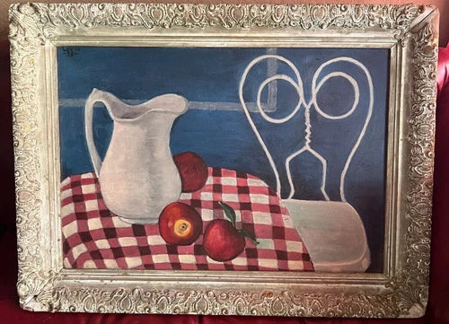 1953 Surrealist Oil Painting on Board Mid Century Modern Abstract Valentines Day