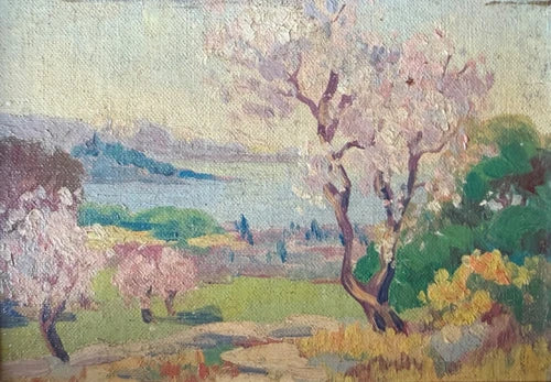 Maurice Braun? Impressionist landscape with lake, mountains early California
