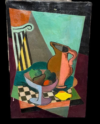 OIL PAINTING CUBIST CUBISM 1960'S MODERNISM COLORFUL ABSTRACT STILL LIFE CANVAS